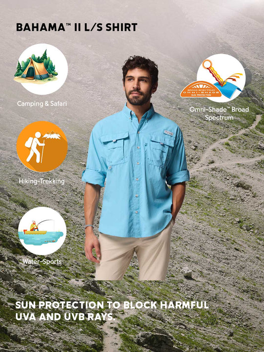Columbia Men Blue Omni-Shade Bahama II Long Sleeve Shirt for Sun Protection