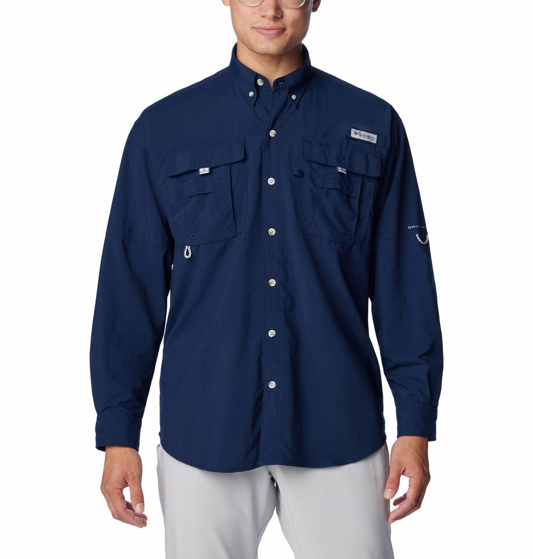 A Men Wearing Columbia Men Blue Bahama II L/S Shirt (Sun Protection)