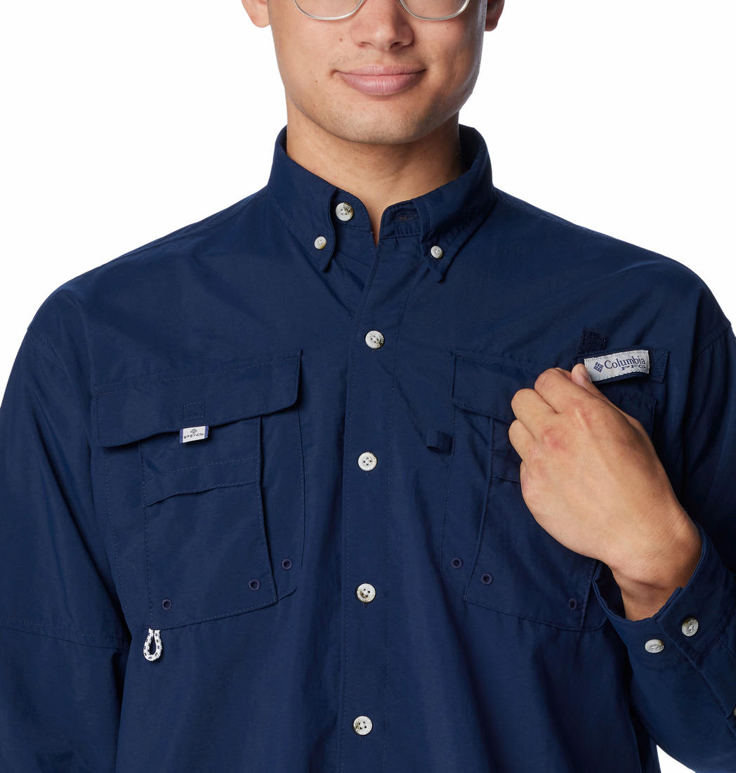 A Men Wearing Columbia Men Blue Bahama II L/S Shirt (Sun Protection)