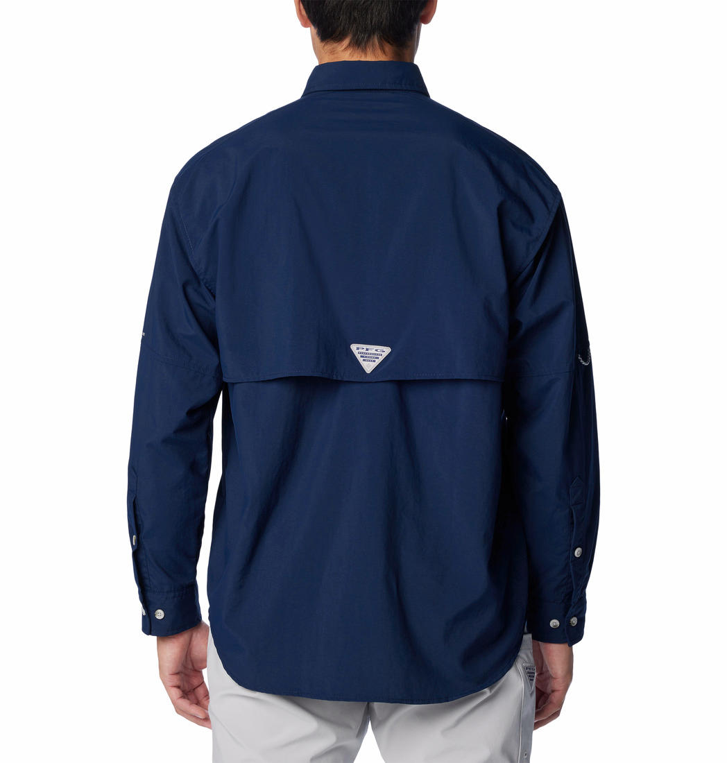 A Men Wearing Columbia Men Blue Bahama II L/S Shirt (Sun Protection)