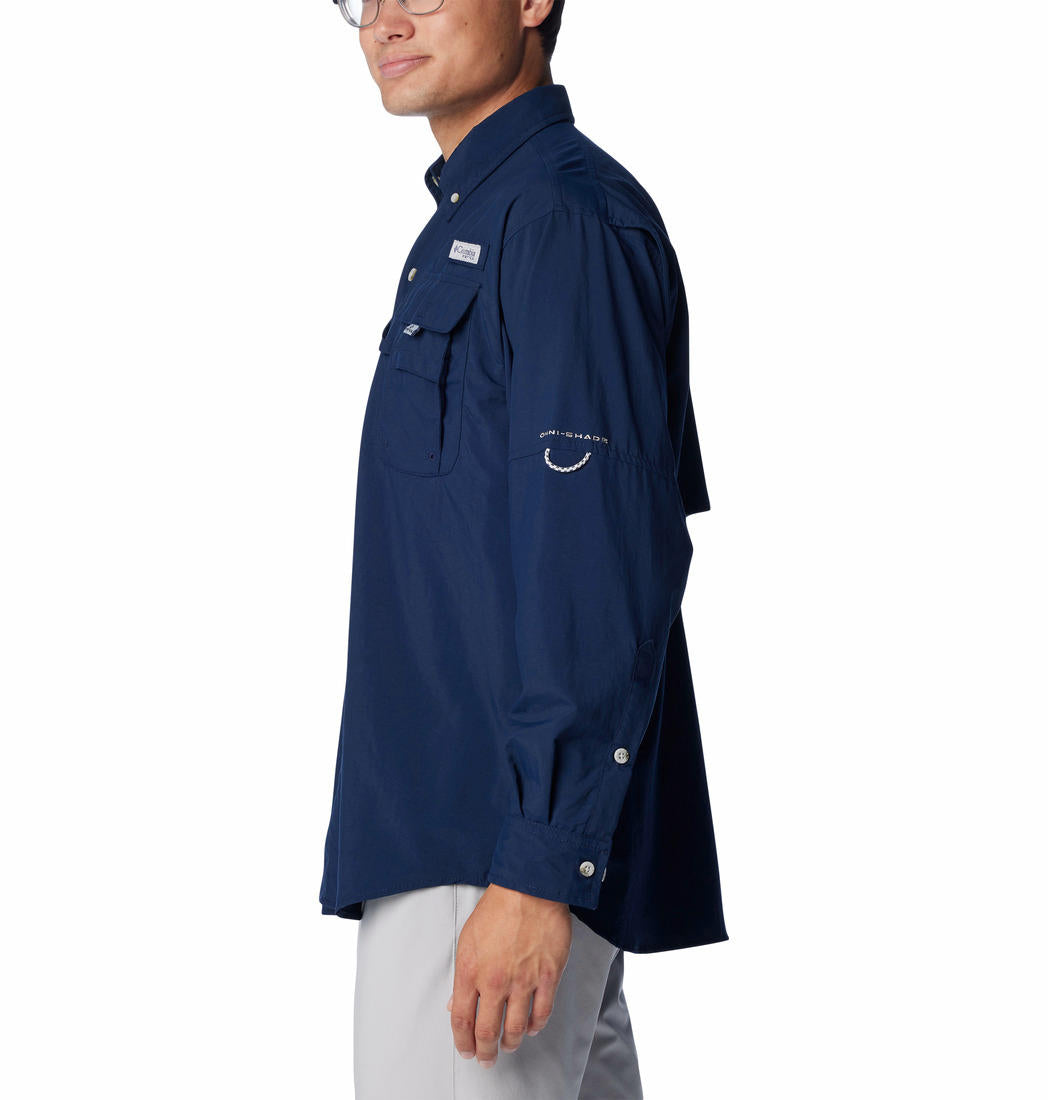A Men Wearing Columbia Men Blue Bahama II L/S Shirt (Sun Protection)
