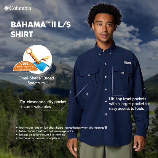 Columbia Mens Navy Blue Omni-Shade Broad Spectrum Bahama II Long Sleeve Shirt