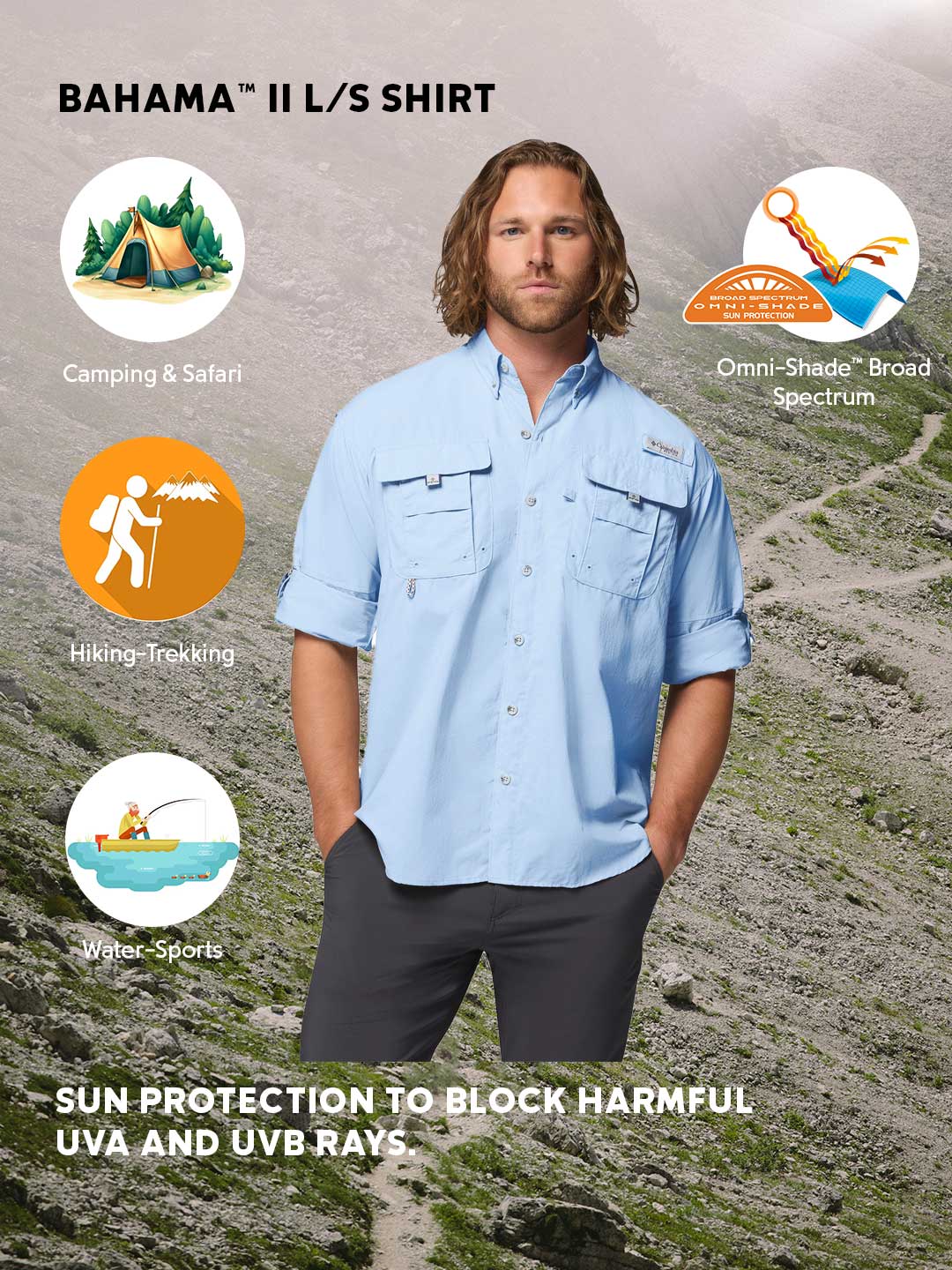 Columbia Men Blue Omni-Shade Bahama II Long Sleeve Shirt