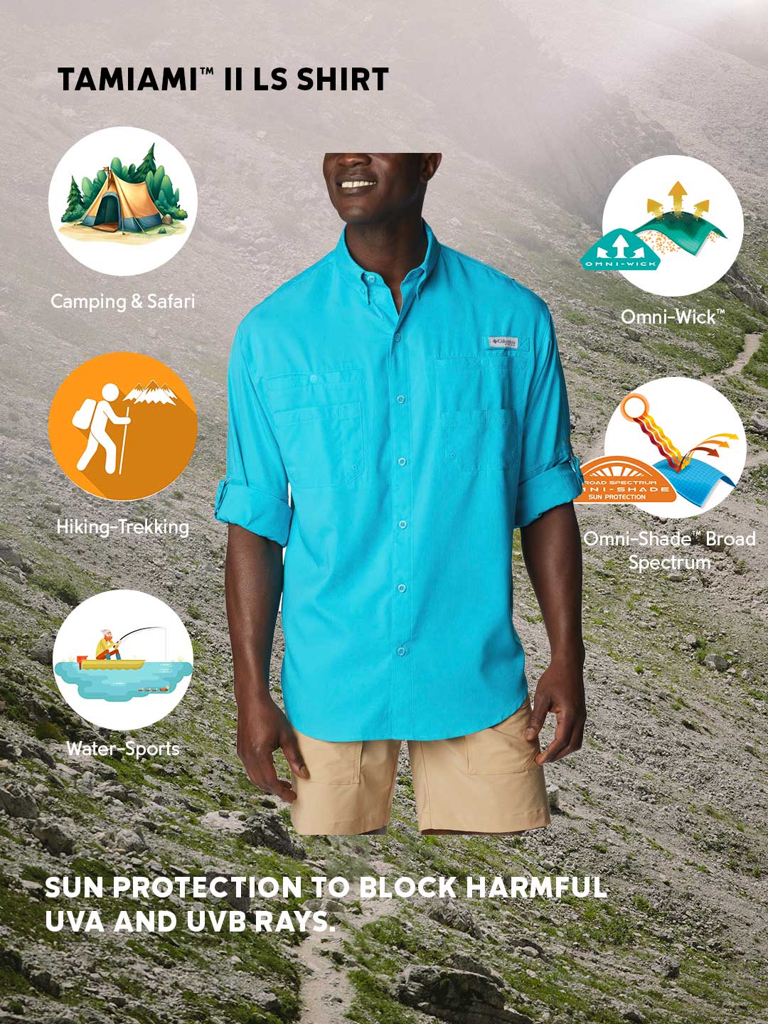 Columbia Men Blue Omni-Shade Tamiami II Long Sleeve Shirt