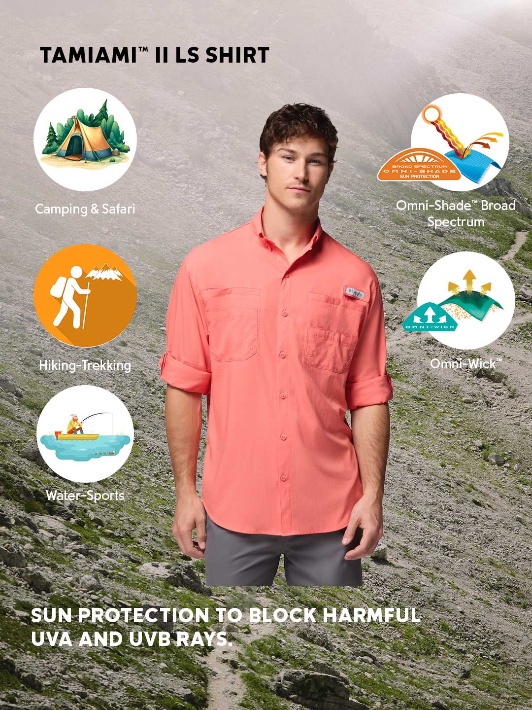 Columbia Men Orange Omni-Shade Tamiami II Long Sleeve Shirt
