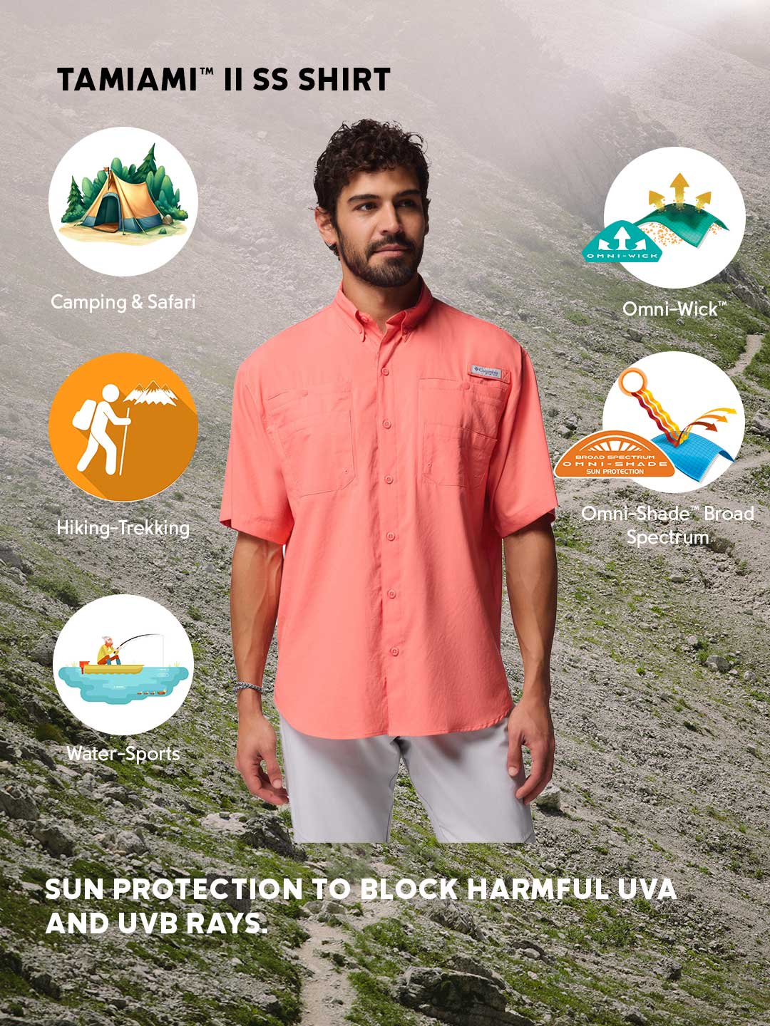 Columbia Men Orange Omni-Shade Tamiami II Short Sleeve Shirt