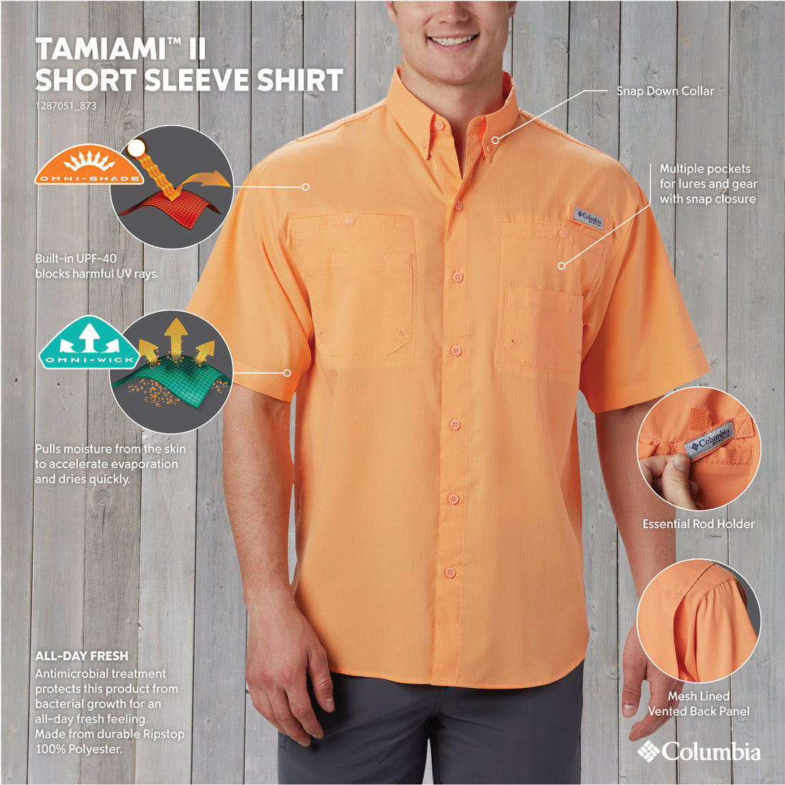 Columbia Men Peach Omni-Shade Tamiami II Short Sleeve Shirt