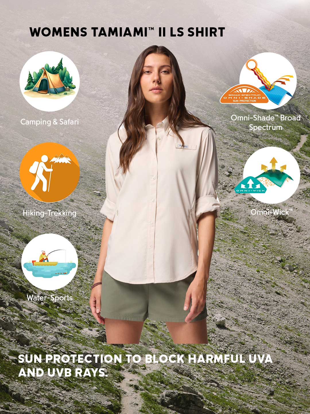 Columbia Women Beige Omni-Shade Tamiami II Long Sleeve Shirt