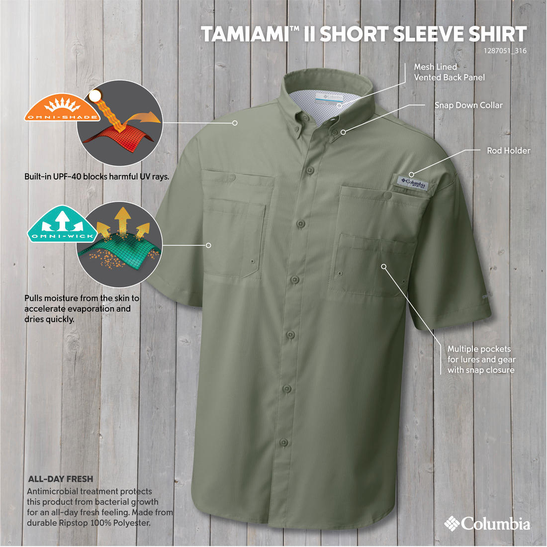 Columbia Mens Green Omni-Wick Tamiami II Short Sleeve Shirt