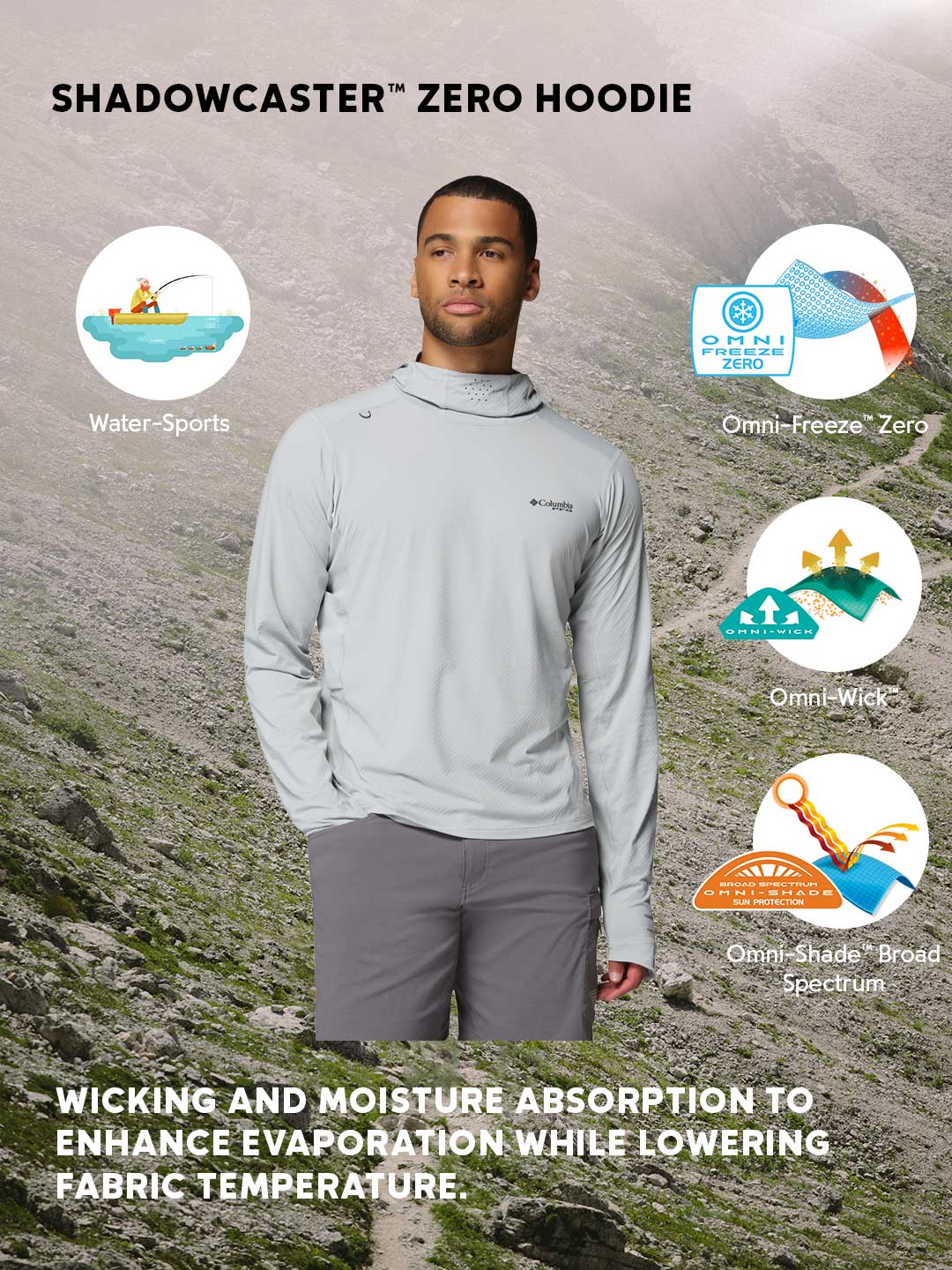 Columbia Men Light Grey Omni-Freeze Shadowcaster Zero Hoodie