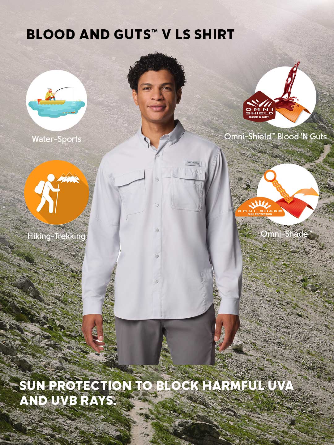 Columbia Men's Light Grey Omni-Shade Blood n Guts V Long Sleeve Shirt