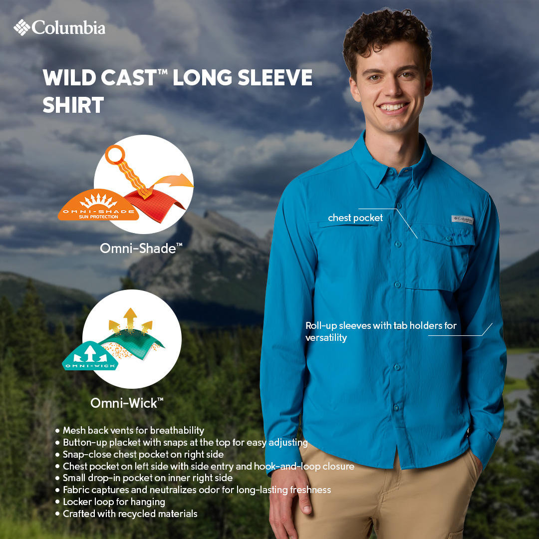 A Men Wearing Columbia Men Blue Wild Cast Long Sleeve Shirt (Sun Protection)