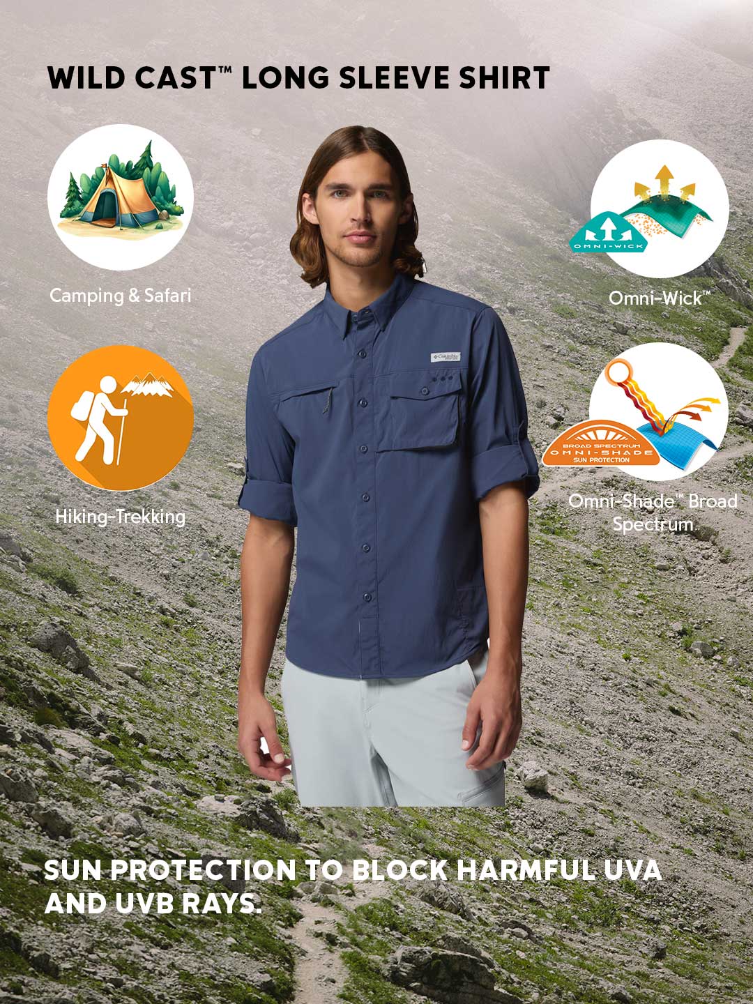 Columbia Men's Navy Blue Omni-Shade Long Sleeve Wild Cast Shirt