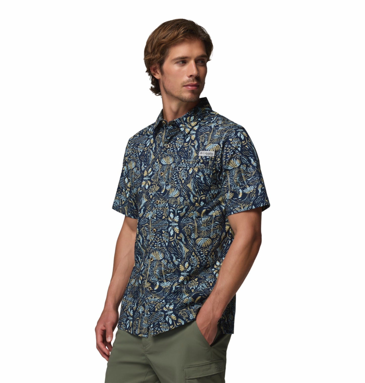 Columbia Men Navy Blue Wild Cast Camp Short Sleeve Shirt