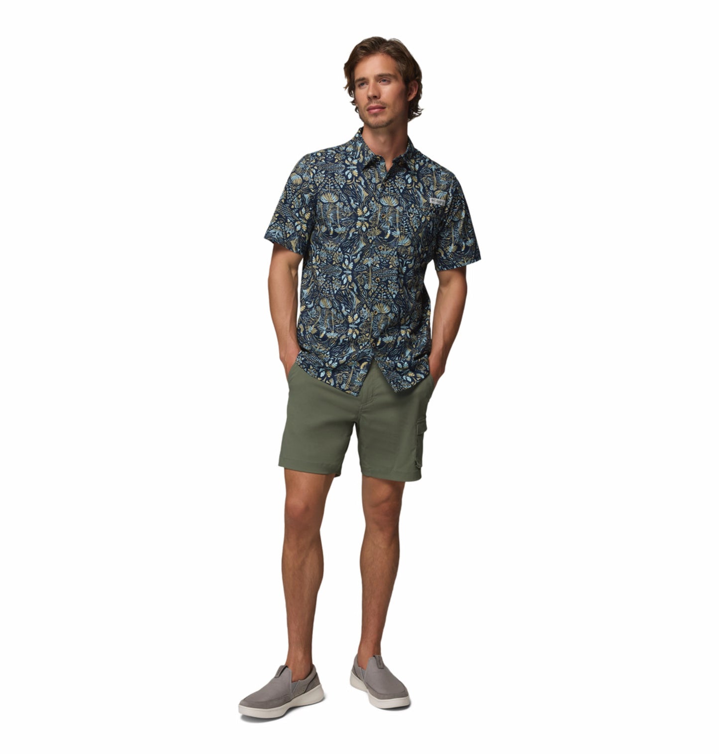 Columbia Men Navy Blue Wild Cast Camp Short Sleeve Shirt