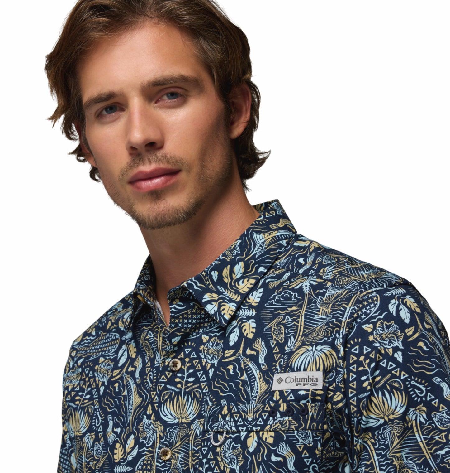 Columbia Men Navy Blue Wild Cast Camp Short Sleeve Shirt