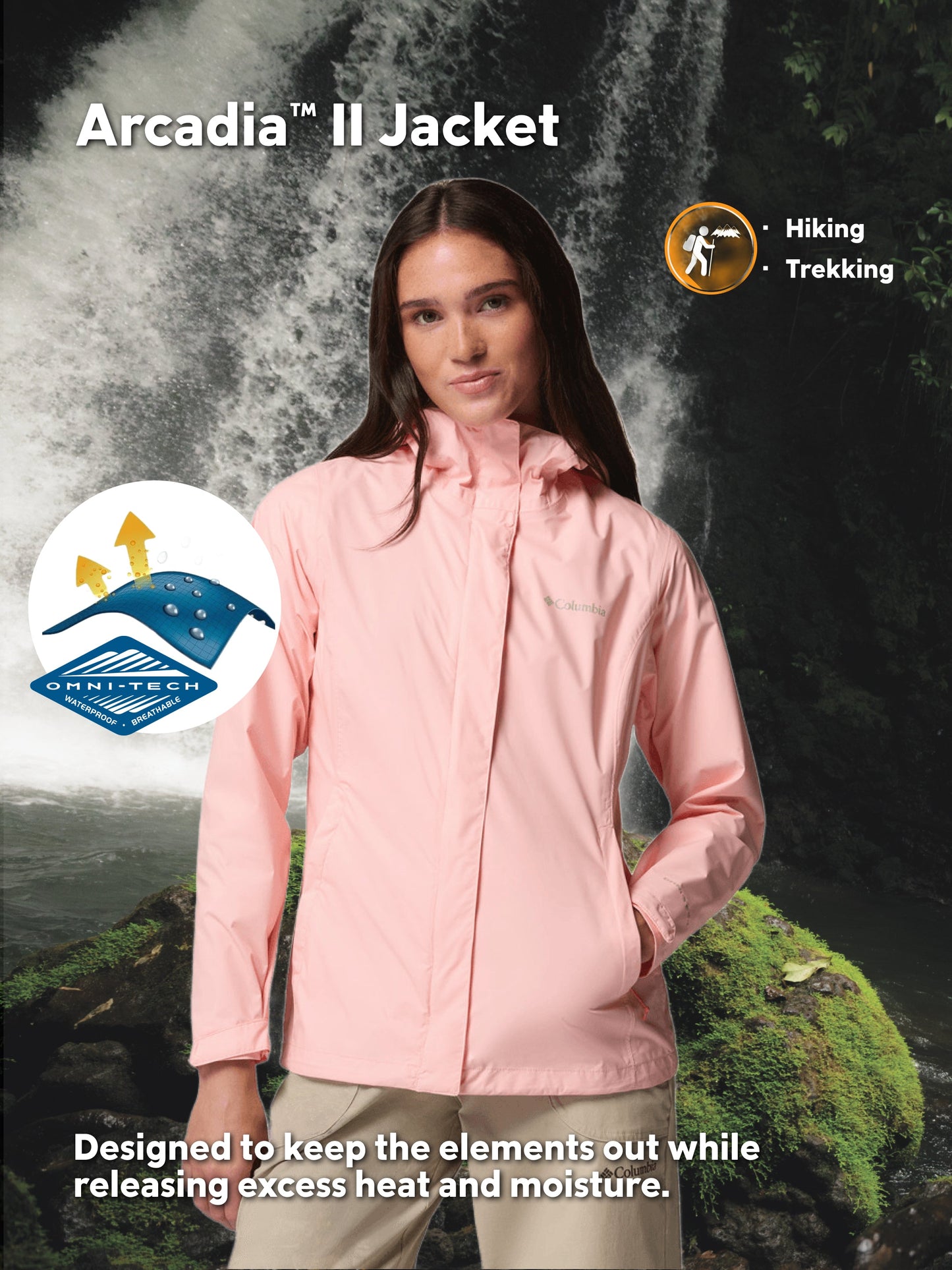 Columbia Women Pink Omni-Tech Arcadia II Lightweight Waterproof Rain Jacket