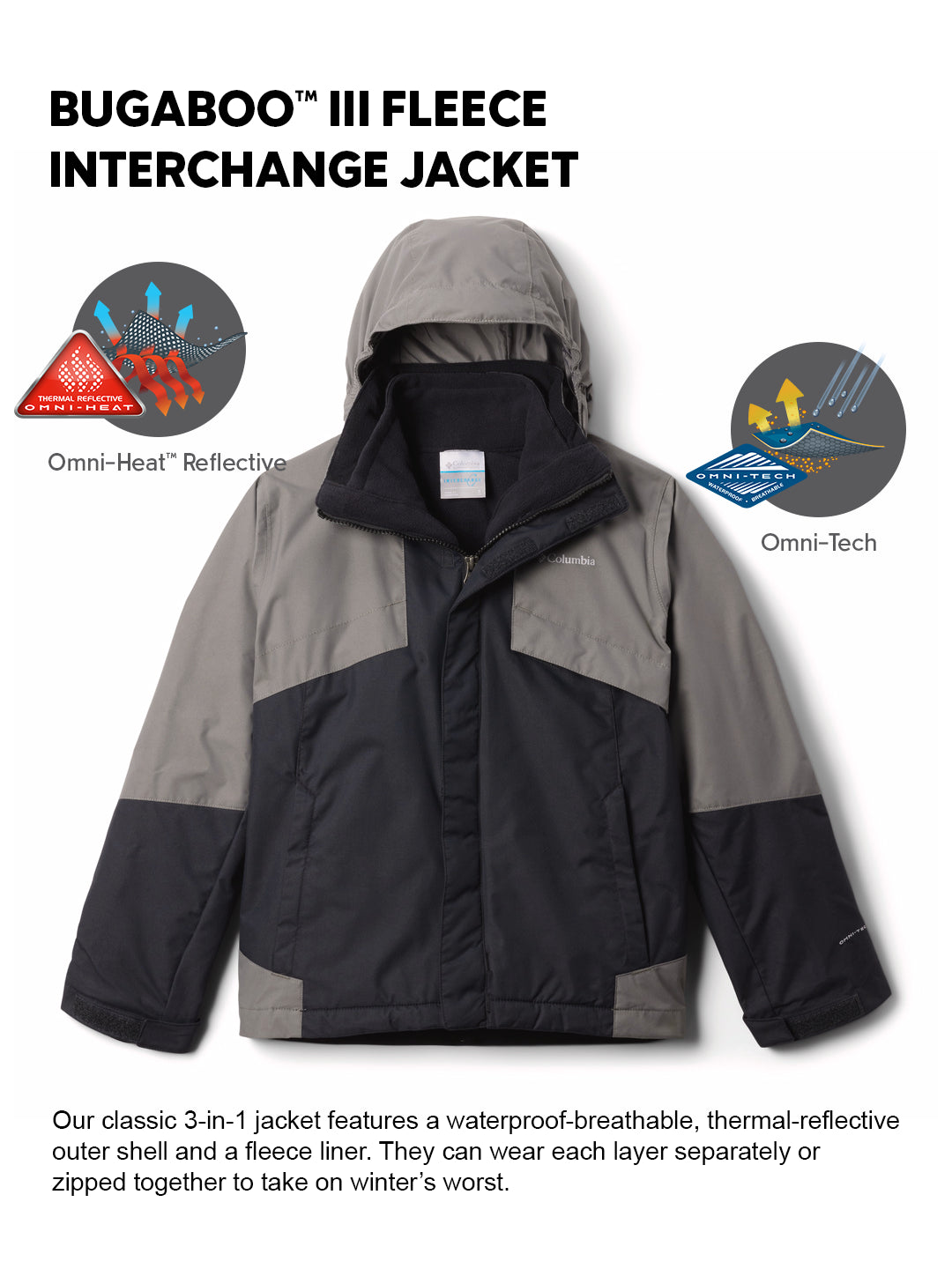 Columbia Kids Boys Black OmniHeat Reflective Bugaboo III Fleece Interchangeable Jacket