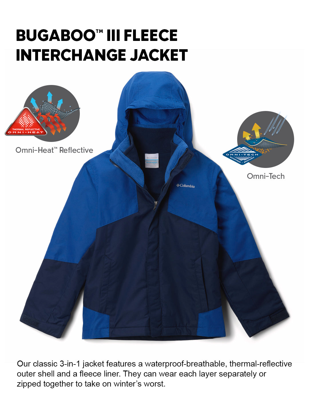 Columbia Kids Boys Navy Blue OmniHeat Reflective Bugaboo III Fleece Interchangeable Jacket