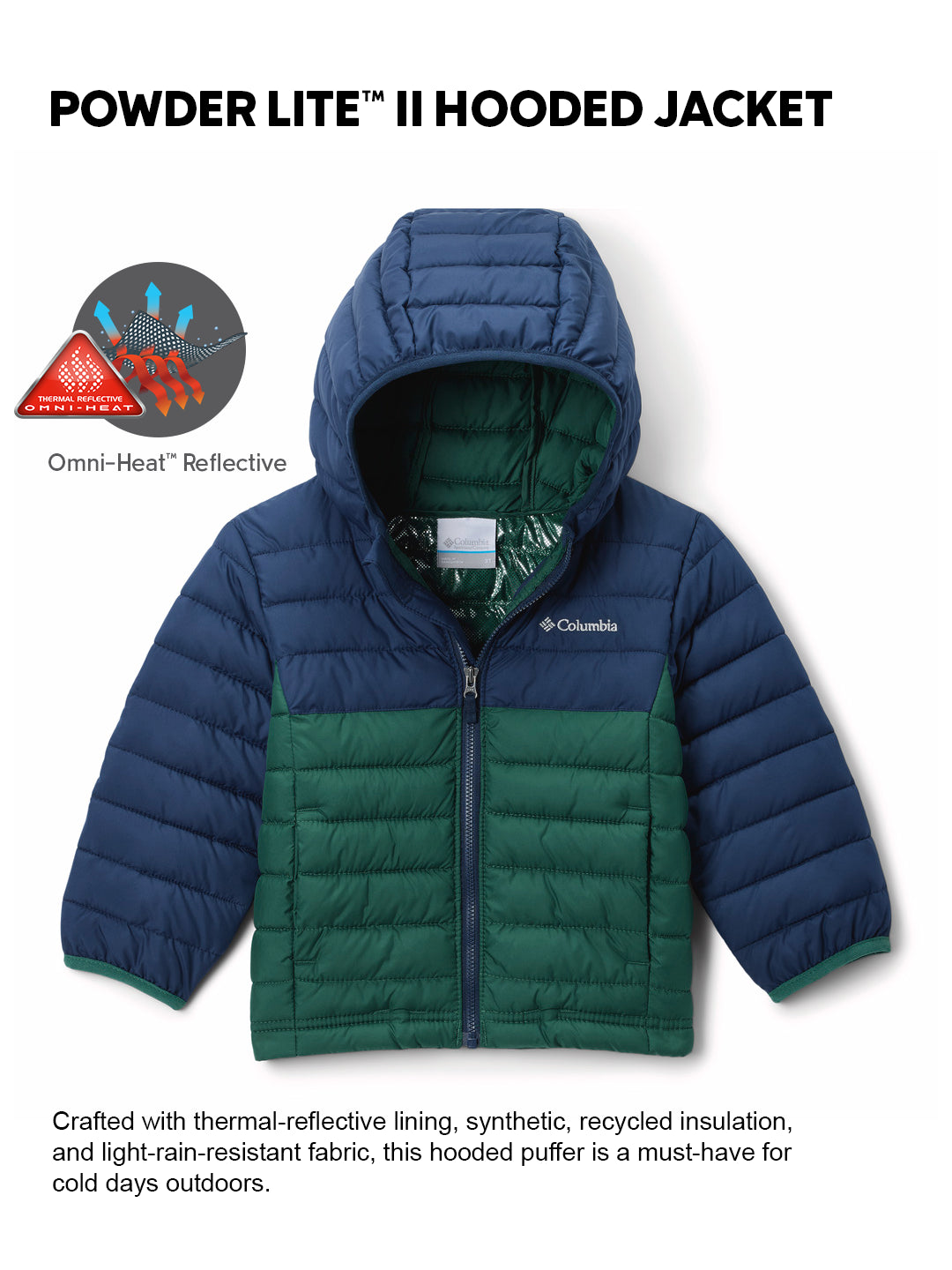 Columbia Kids Boys Green OmniHeat Reflective Powder Lite II Down Jacket