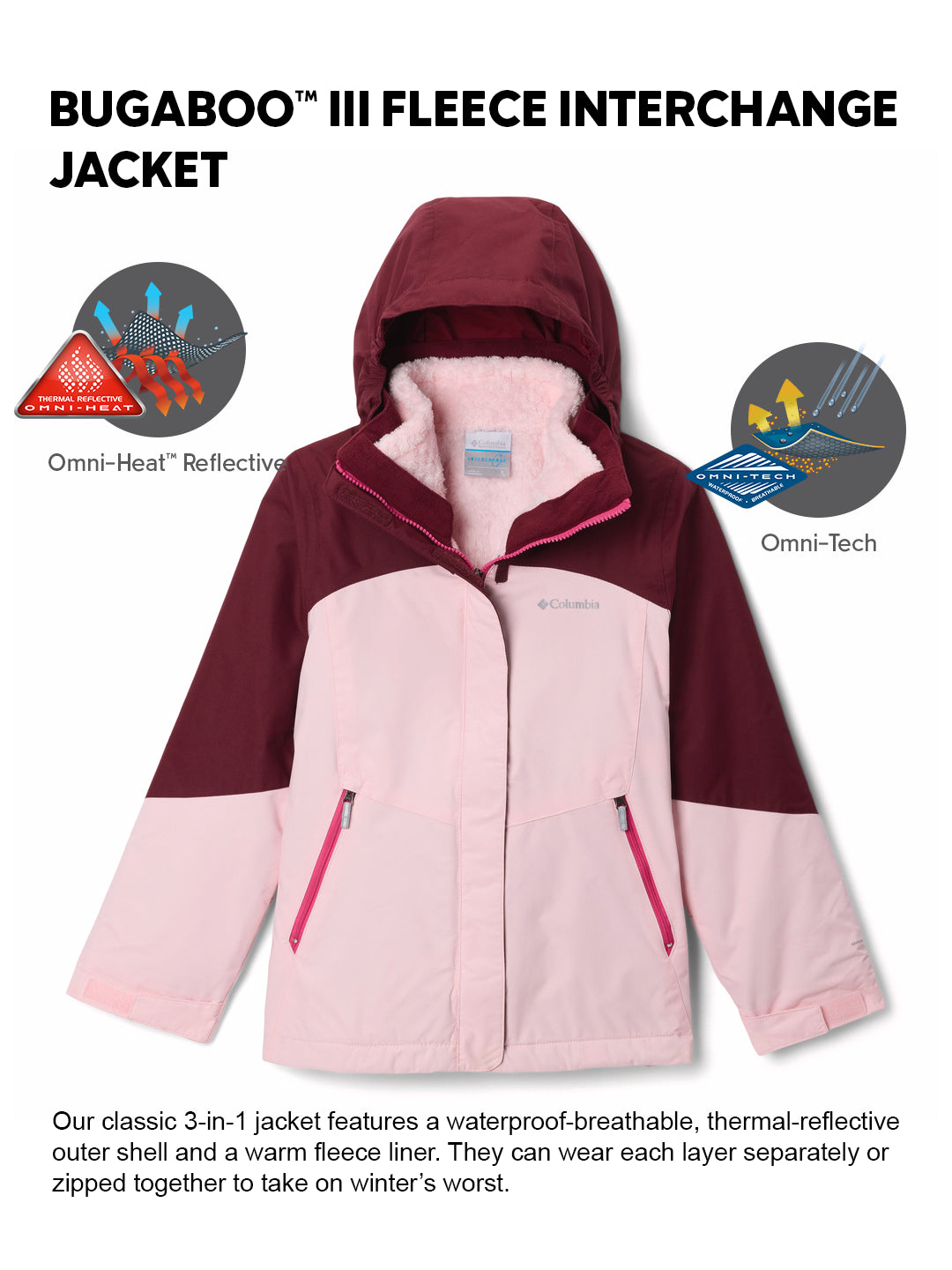 Columbia Kids Girls Pink OmniHeat Reflective Bugaboo III Fleece Interc