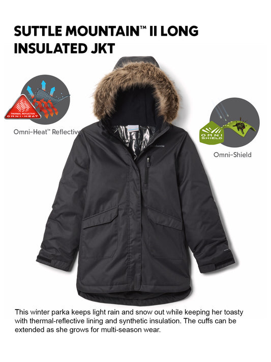 Columbia Kids Girls Black Omni-Heat Reflective Suttle Mountain II Long Hooded Down Jacket
