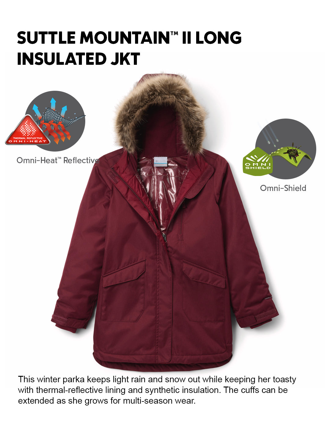 Columbia Kids Girls Red Omni-Heat Reflective Suttle Mountain II Long Hooded Down Jacket