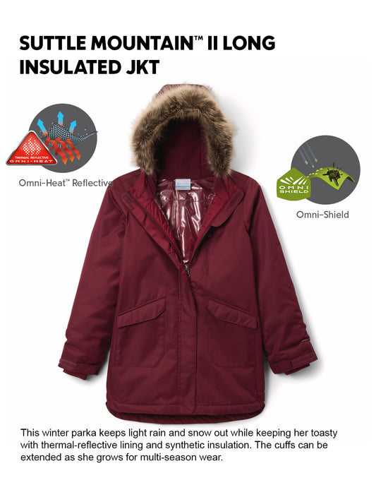 Columbia Kids Girls Red Omni-Heat Reflective Suttle Mountain II Long Hooded Down Jacket