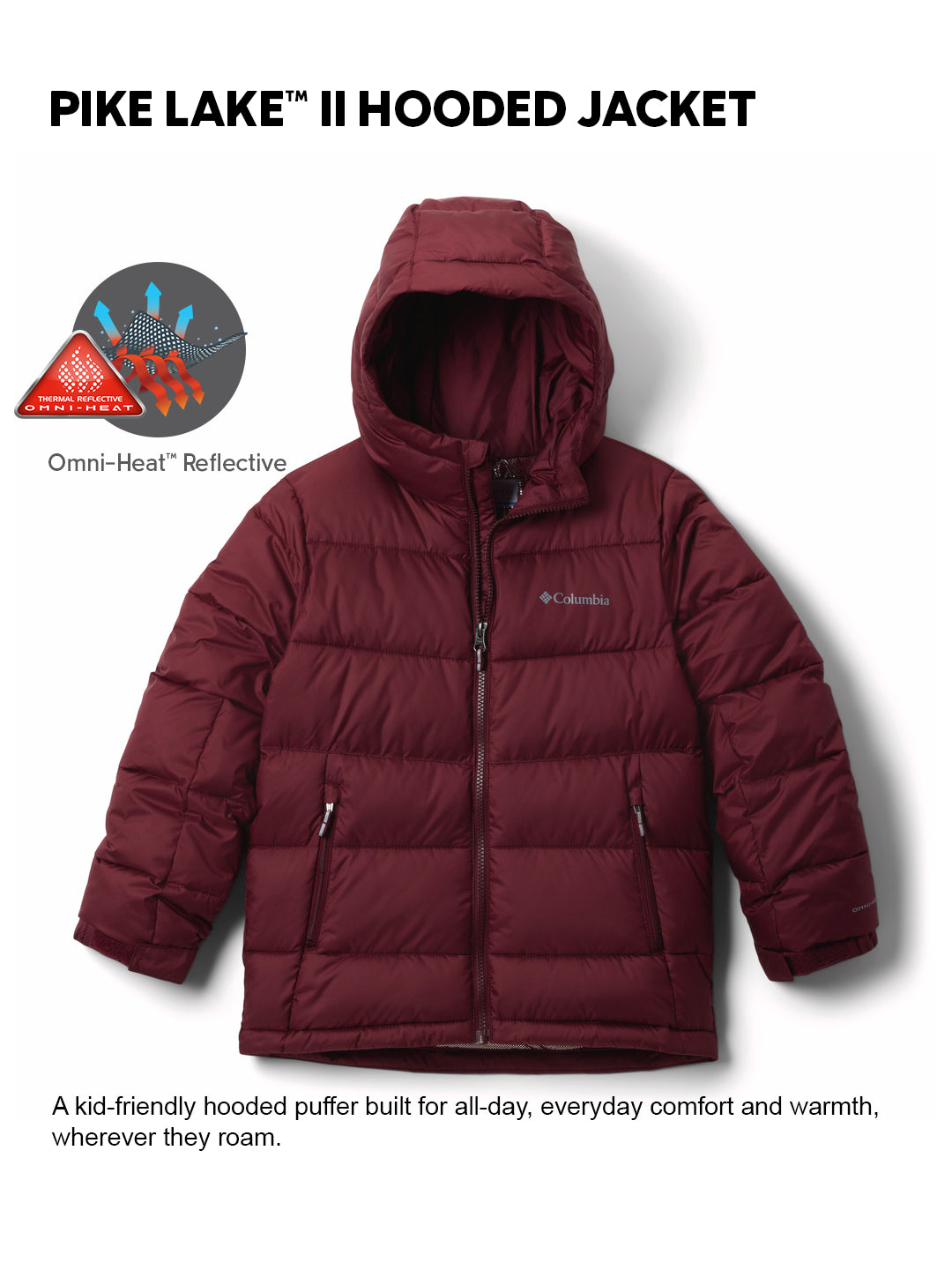Columbia Kids Unisex Maroon OmniHeat Reflective Pike Lake II Down Jacket