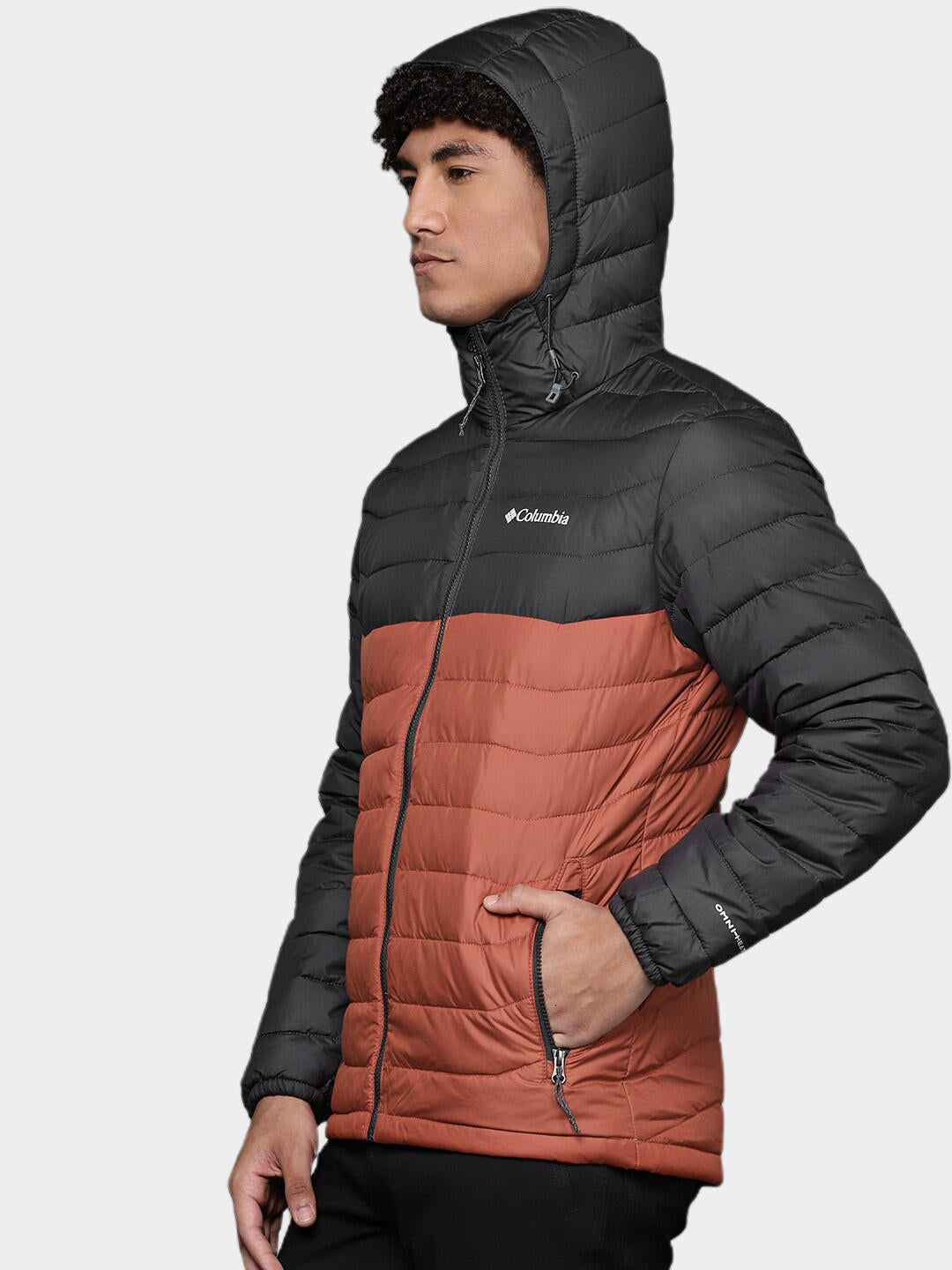 A Men Wearing Columbia Men Orange Powder Lite Hooded Jacket