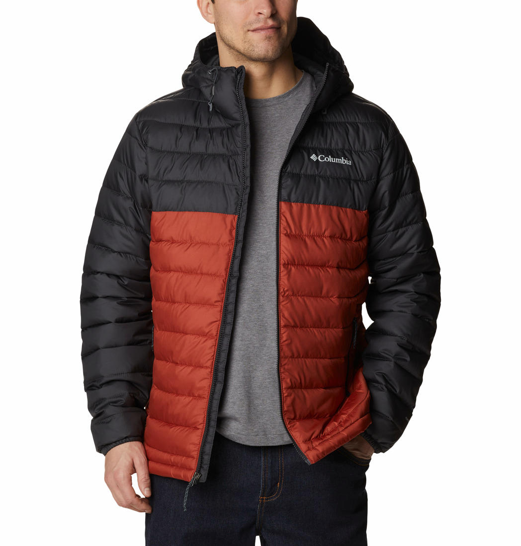 A Men Wearing Columbia Men Orange Powder Lite Hooded Jacket