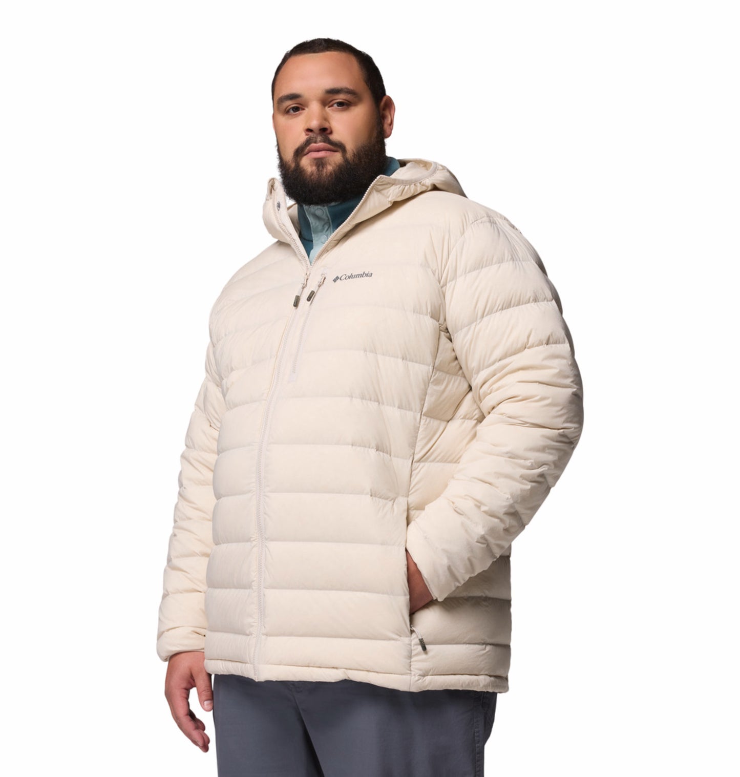 Columbia Men Beige Omni-Shield Drift Peak Stretch Hooded Down Jacket