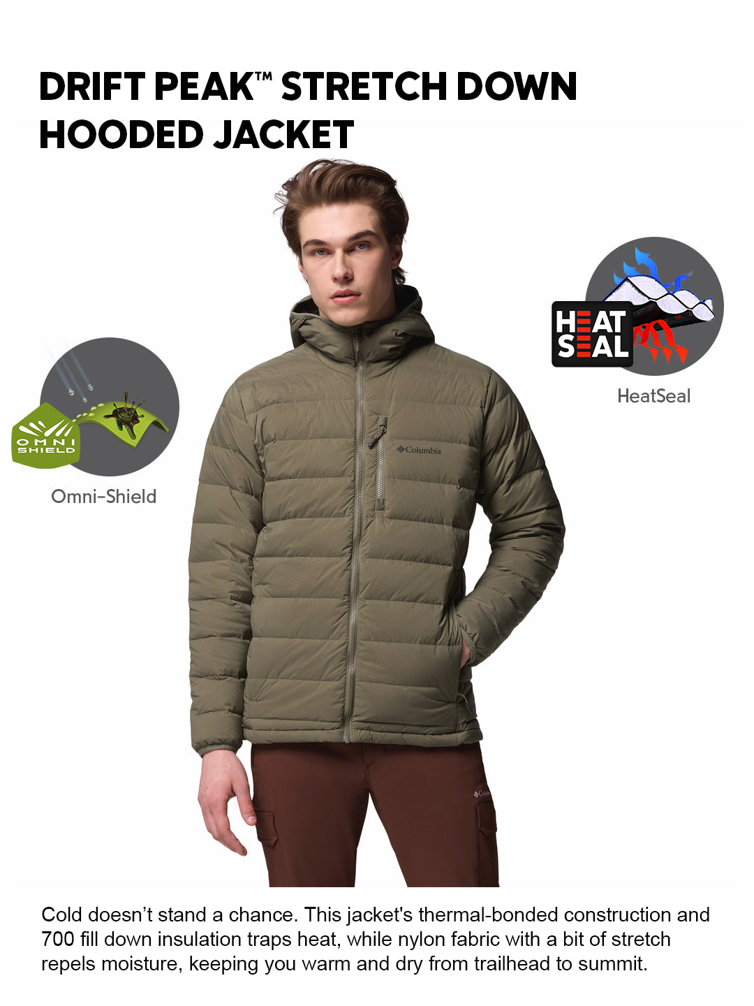 Columbia Men Green Omni-Shield Drift Peak Stretch Hooded Down Jacket
