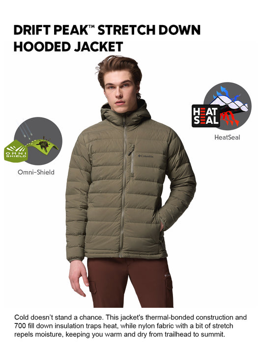 Columbia Men Green Omni-Shield Drift Peak Stretch Hooded Down Jacket