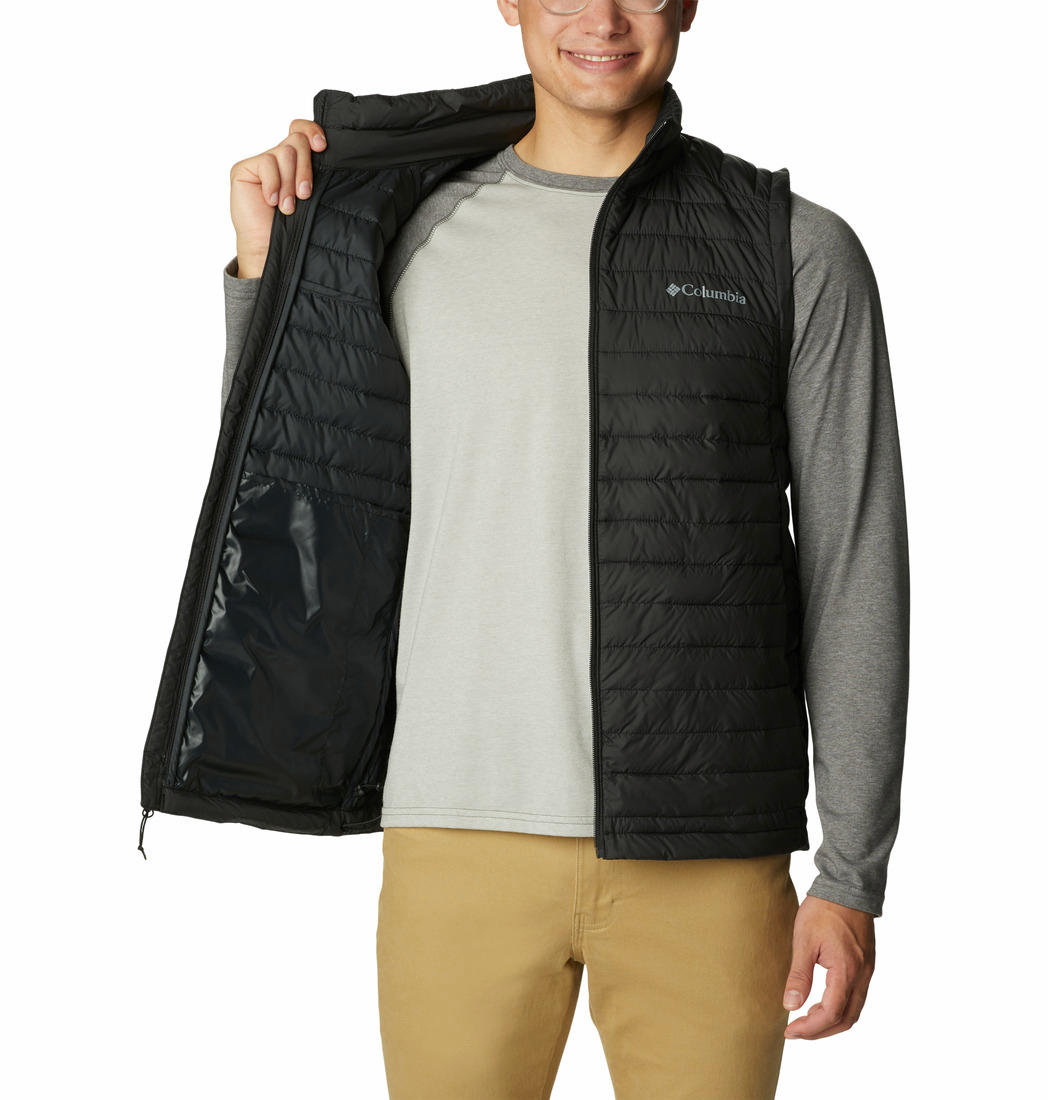 A Men Wearing Columbia Men Black Silver Falls Vest