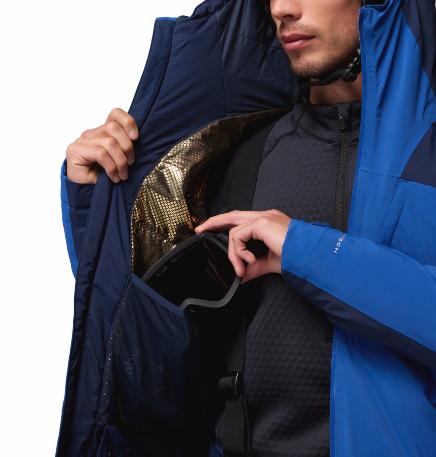 Columbia Men Navy Blue Omni-Heat Inifnity Cirque Bowl Hooded Down Jacket