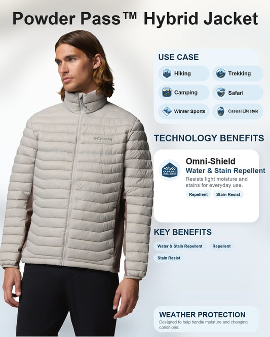 men grey omni shield powder pass hybrid down jacket