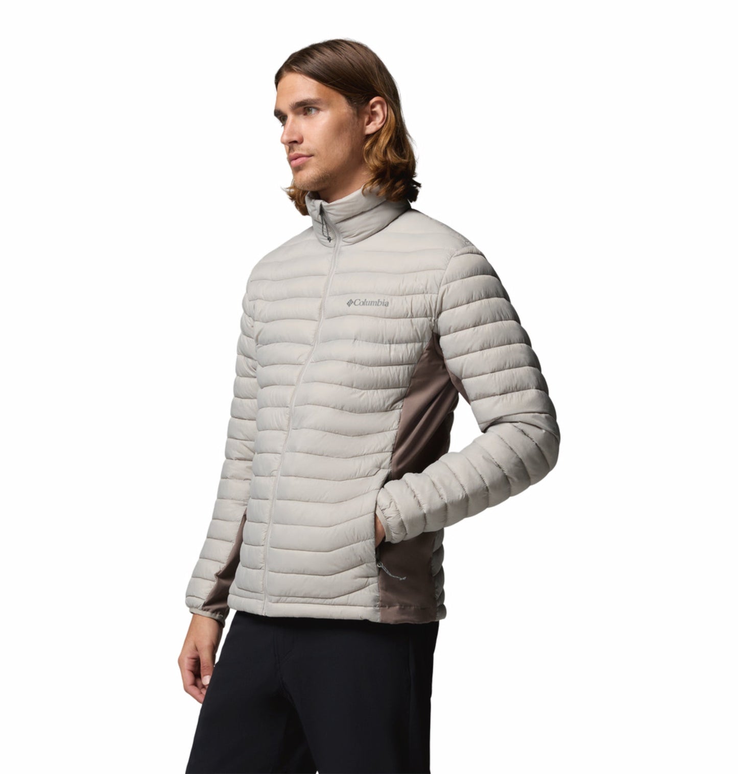 men grey omni shield powder pass hybrid down jacket