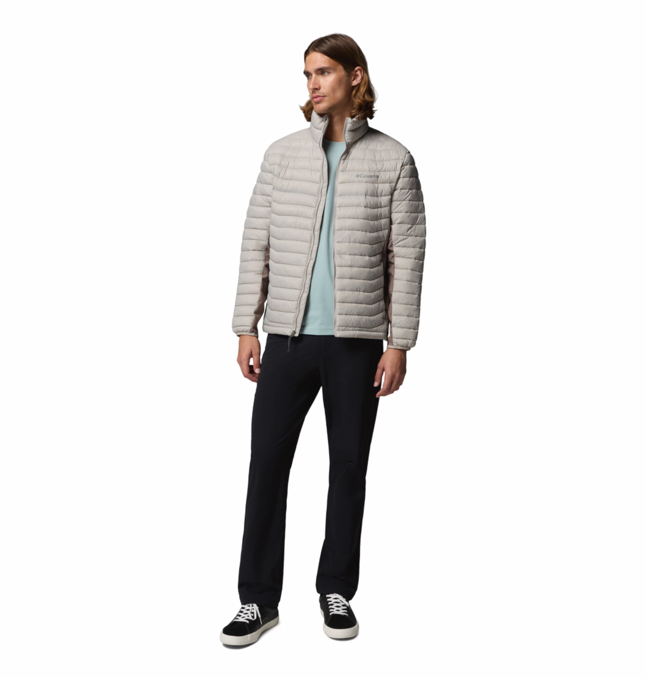 men grey omni shield powder pass hybrid down jacket