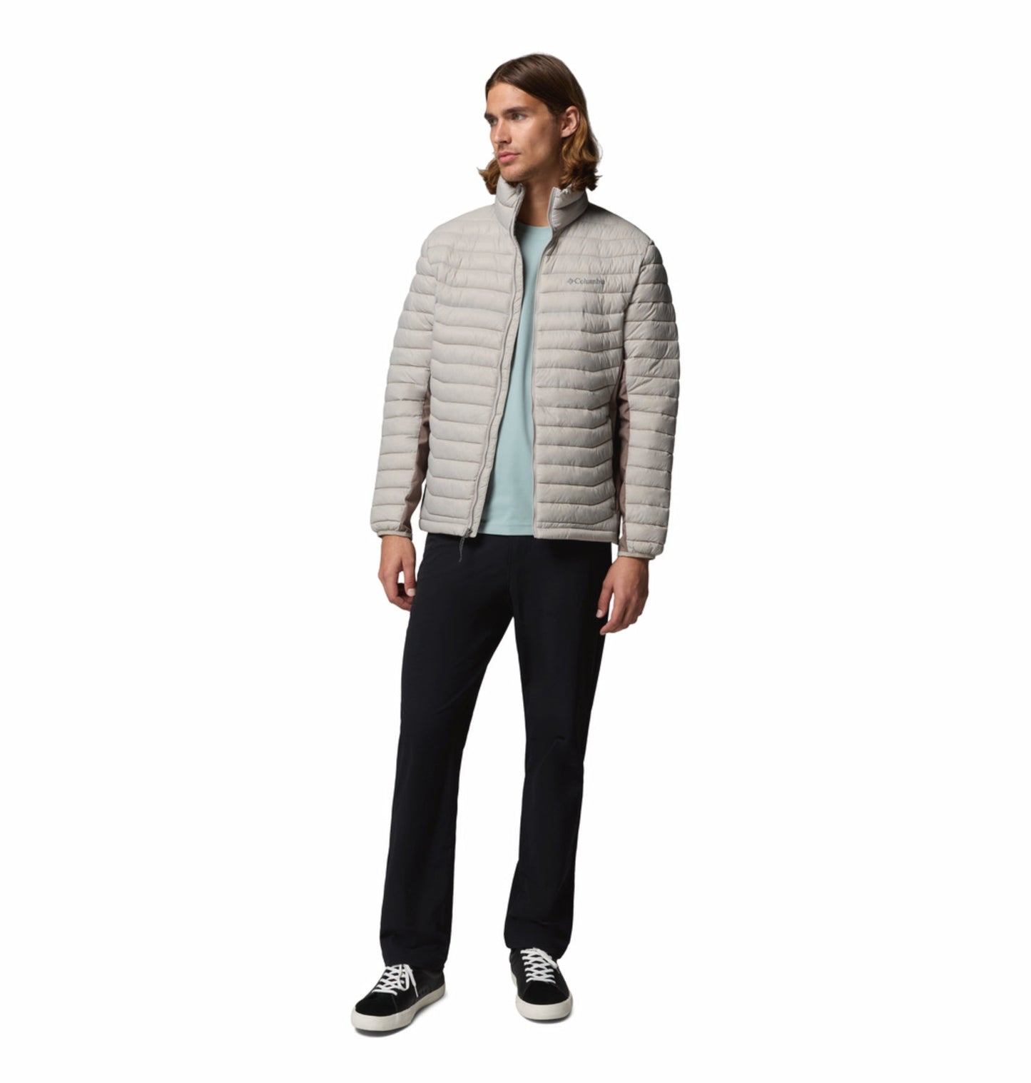 men grey omni shield powder pass hybrid down jacket
