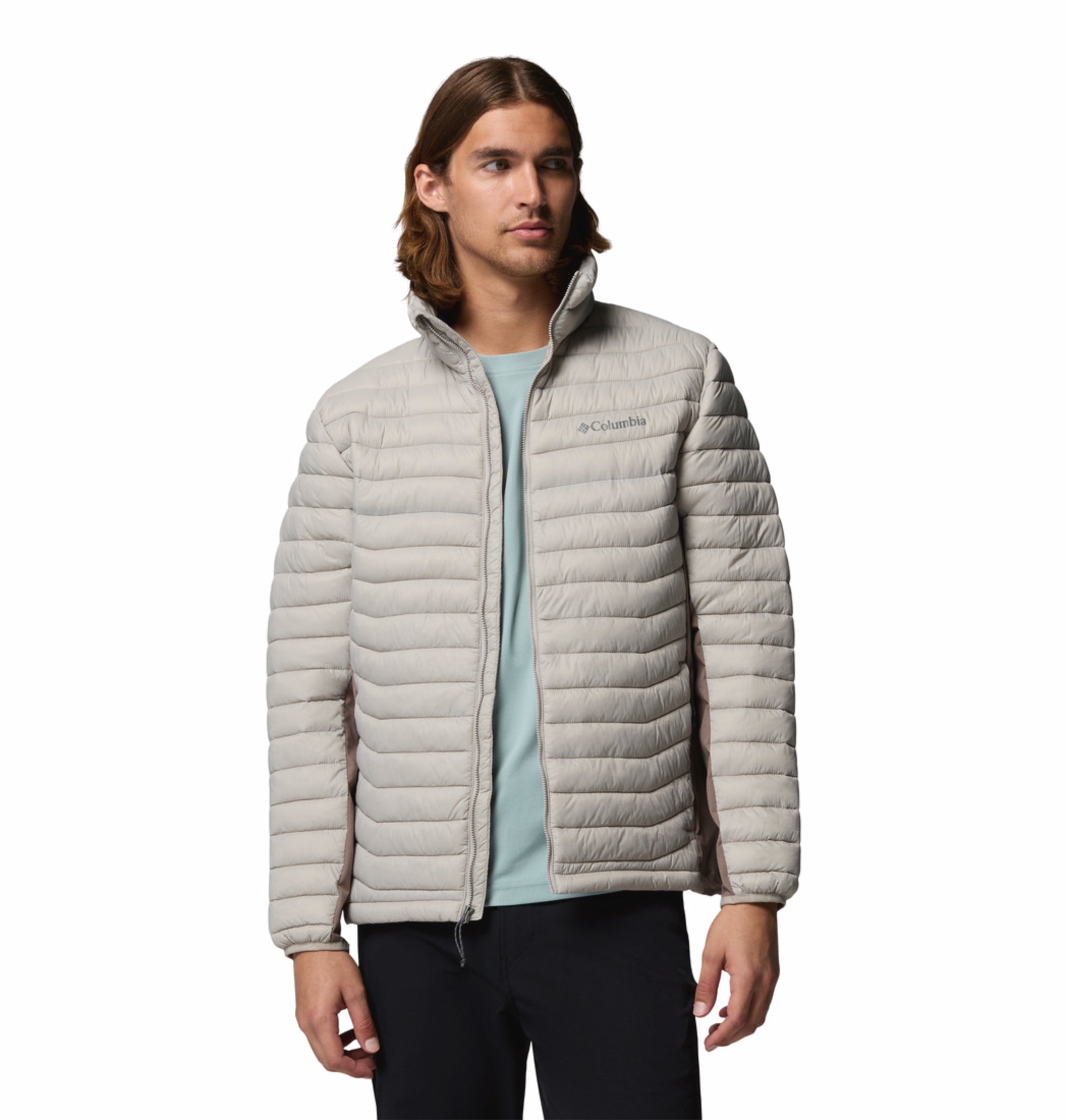 men grey omni shield powder pass hybrid down jacket