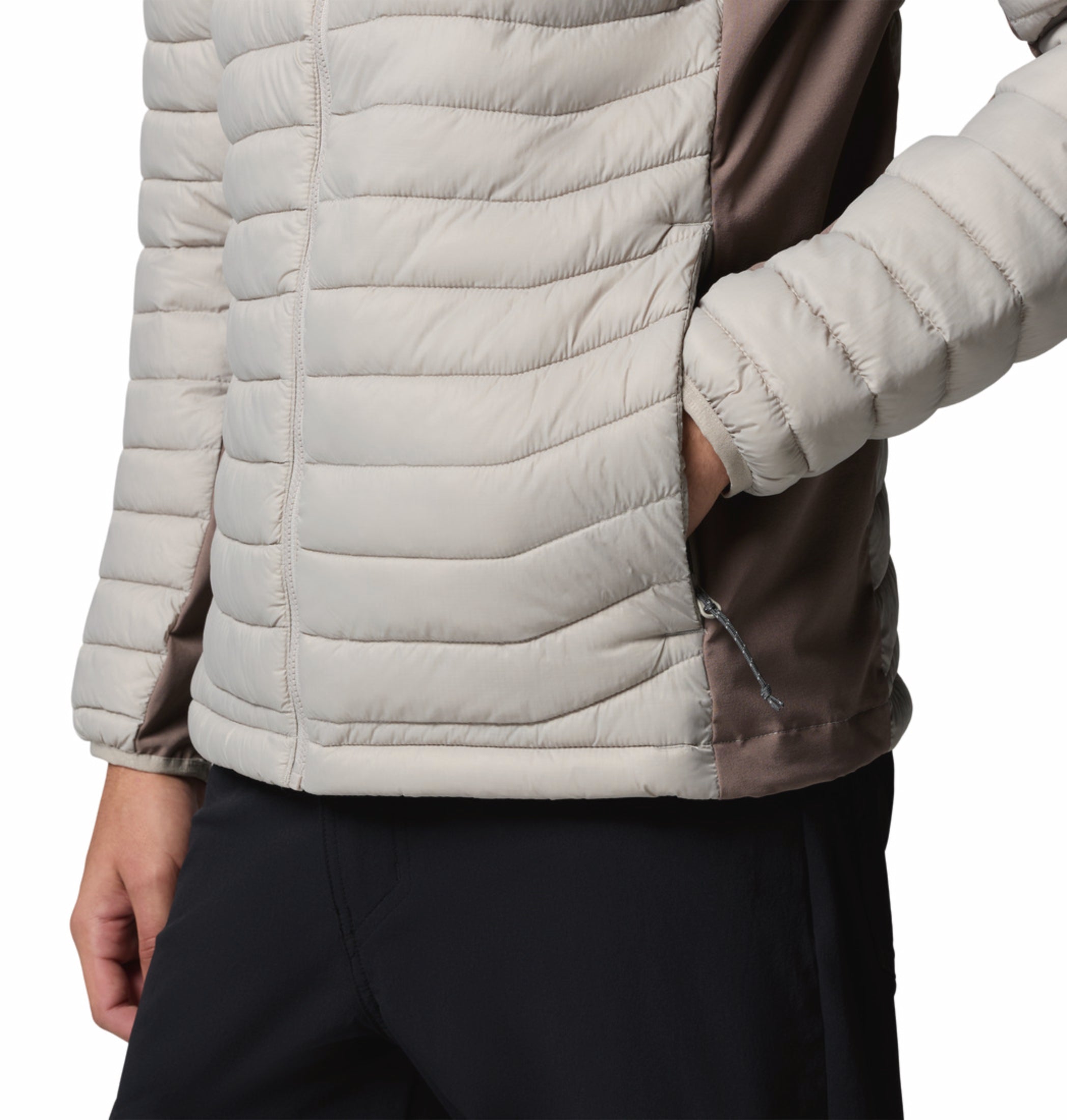 men grey omni shield powder pass hybrid down jacket