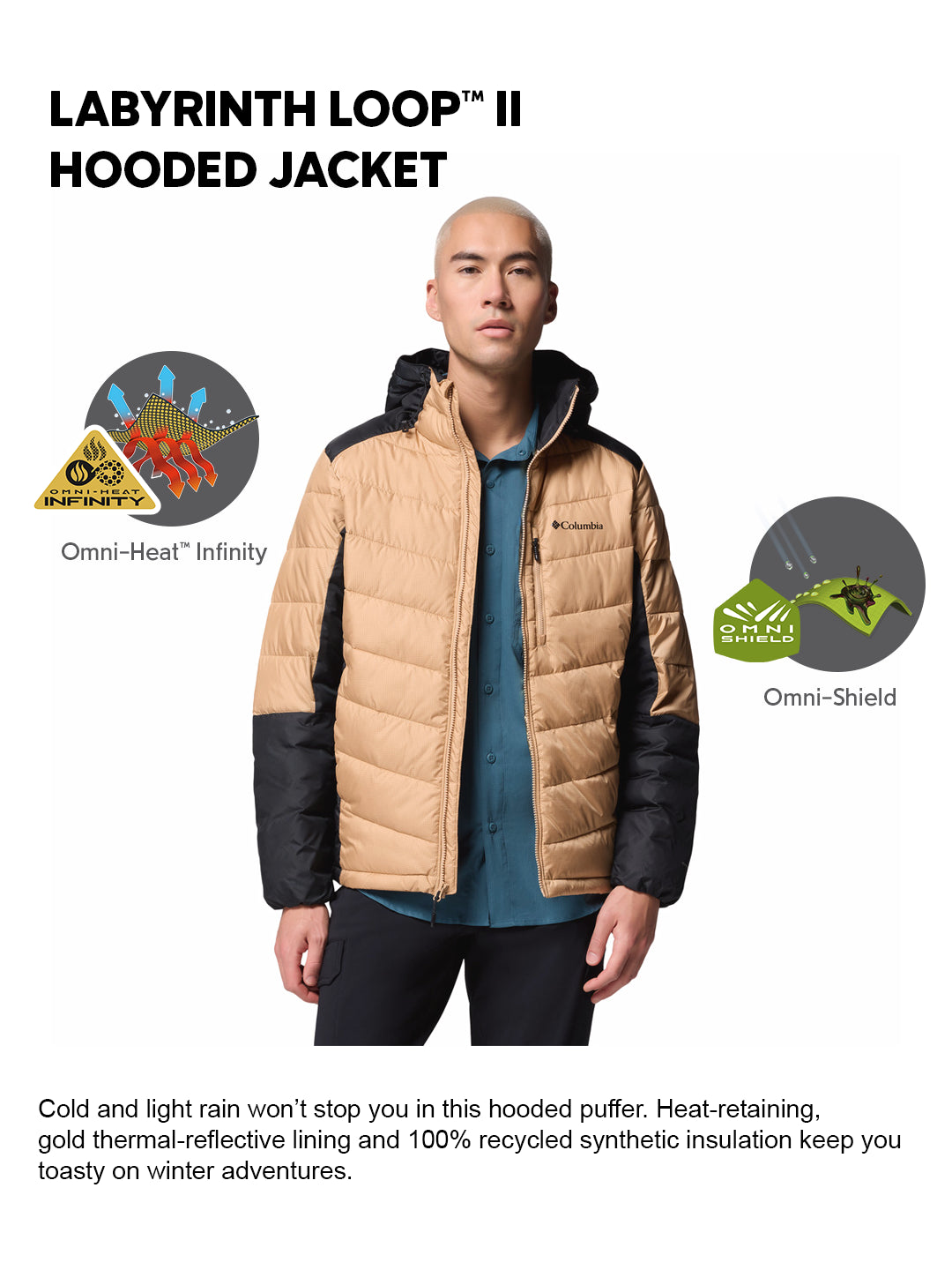 Columbia Men Beige OmniHeat Infinity Labyrinth Loop II Hooded Down Jacket