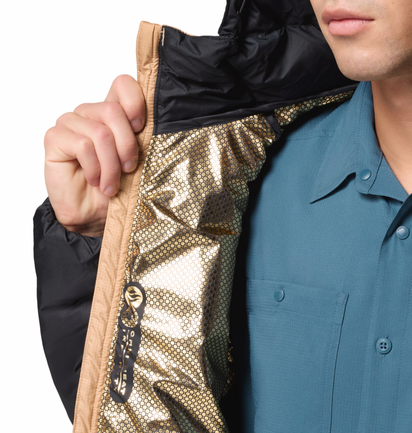 Columbia Men Beige OmniHeat Infinity Labyrinth Loop II Hooded Down Jacket