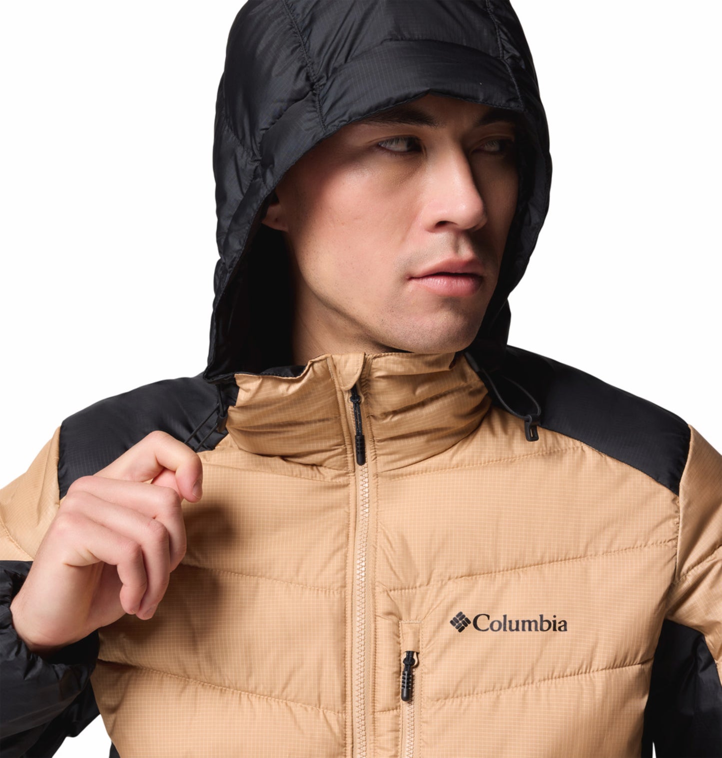 Columbia Men Beige OmniHeat Infinity Labyrinth Loop II Hooded Down Jacket