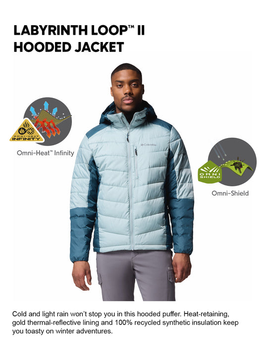 Columbia Men Blue Omni-Heat Inifnity Labyrinth Loop II Hooded Down Jacket