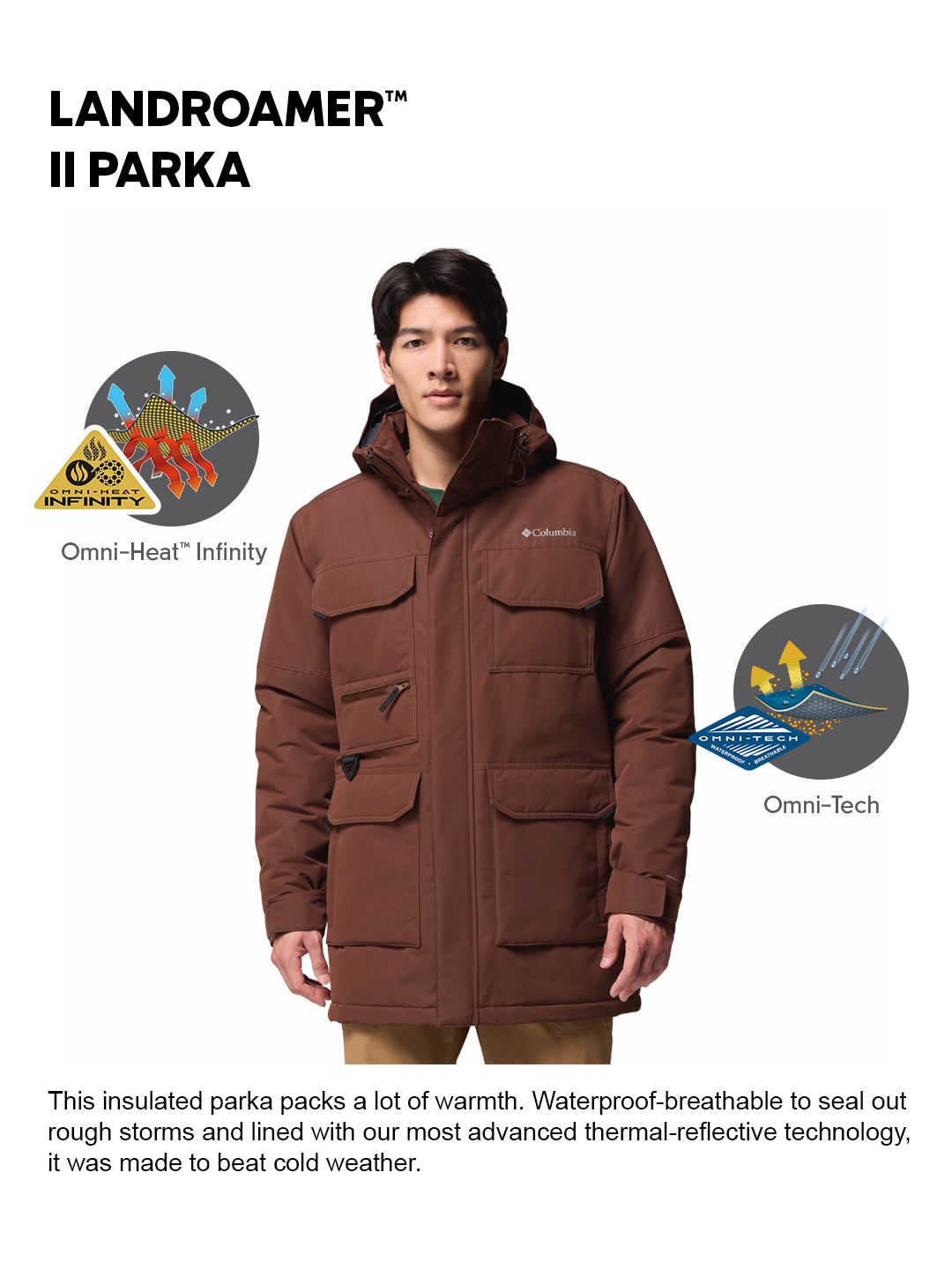 Columbia Men Brown Omni-Heat Inifnity Landroamer II Parka Hooded Down Jacket