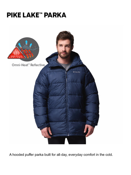 Columbia Men Navy Blue Omni-Heat Reflective Pike Lake Parka Hooded Down Jacket