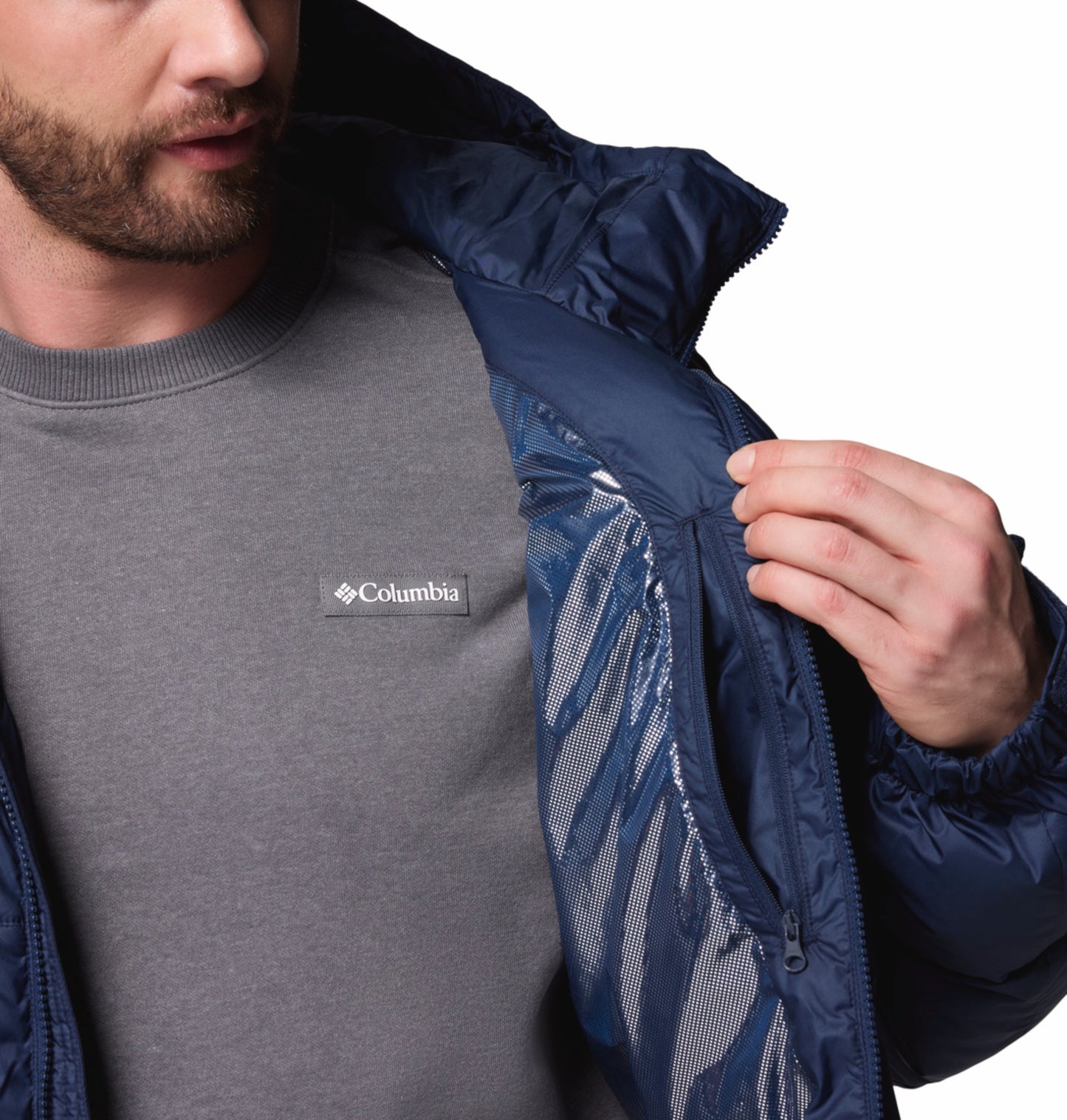 Columbia Men Navy Blue Omni-Heat Reflective Pike Lake Parka Hooded Down Jacket