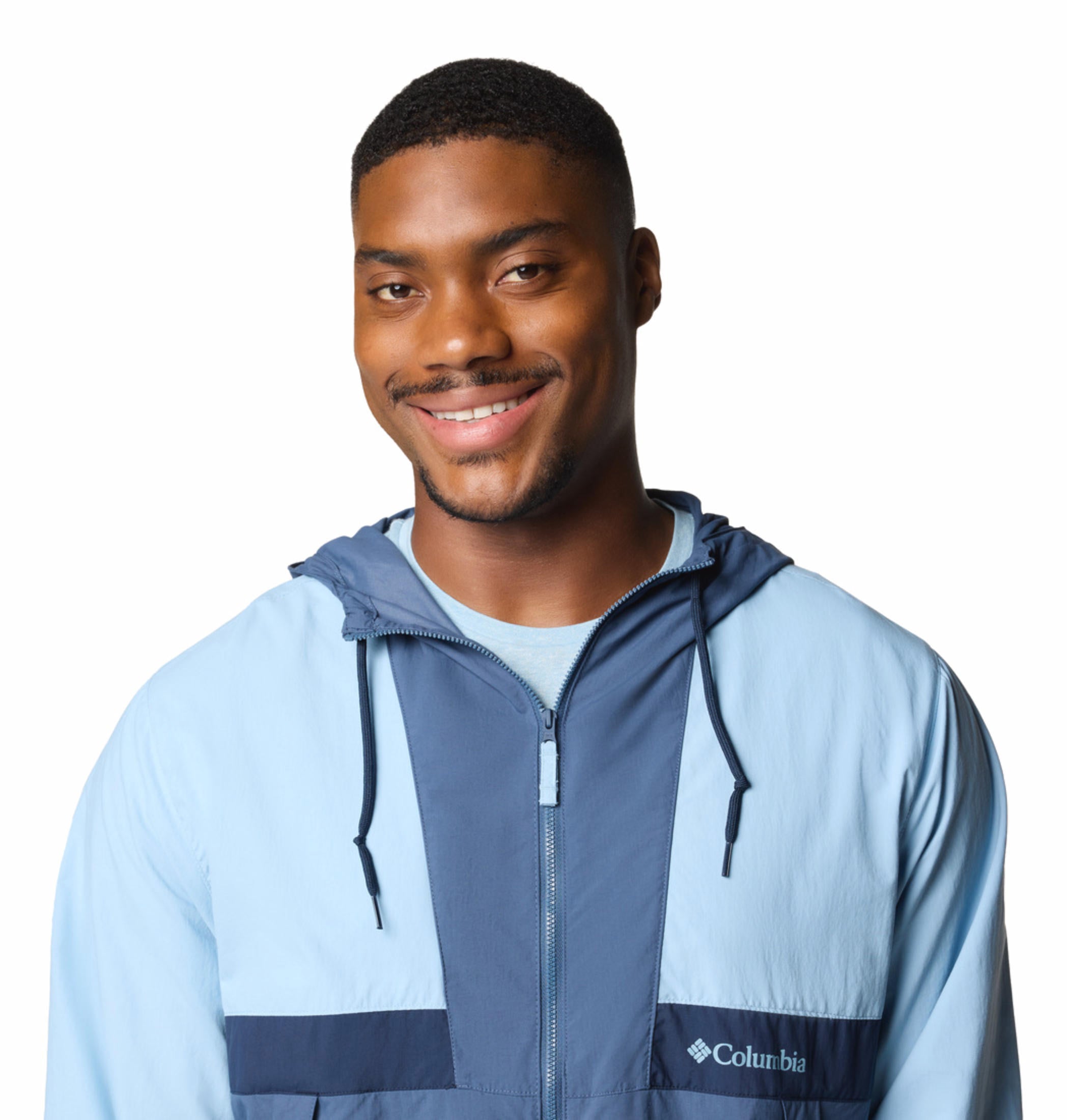 A Men Wearing Columbia Men Blue Spire Valley Hooded Windbreaker (Sun Protection)